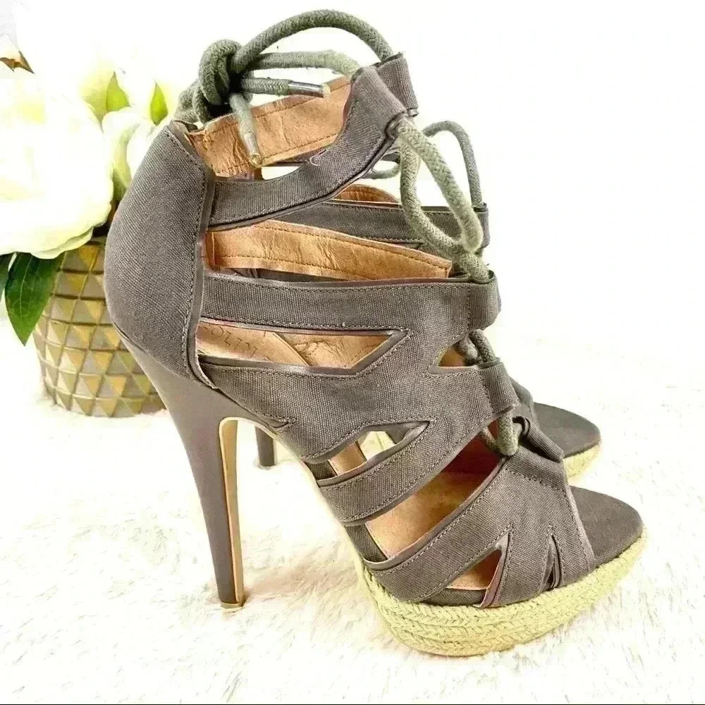 COLIN STUART Strappy Rope Tie Woven Platform Espadrille Stiletto Heels Size 7